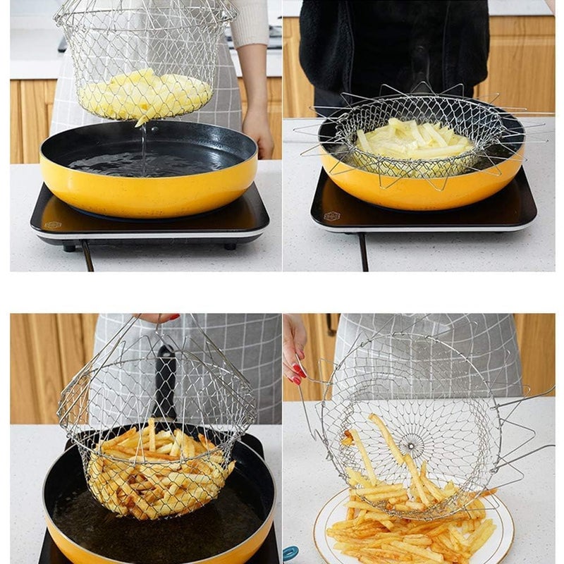 Shrux Foldable Steam Rinse Deep Fry Basket Mesh Basket Strainer Net Kitchen Cooking Tool Kitchen Food Frying Chef Basket with Handle Kitchen Fruits and Vegetable Washing Basket Fryer Strainer - Image 4