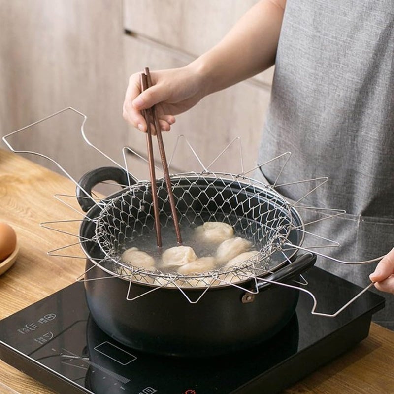 Shrux Foldable Steam Rinse Deep Fry Basket Mesh Basket Strainer Net Kitchen Cooking Tool Kitchen Food Frying Chef Basket with Handle Kitchen Fruits and Vegetable Washing Basket Fryer Strainer - Image 3
