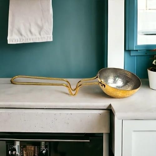 Alluring Homz Brass Tadka Pan/Fry Pan,Thalippu karandi with Handle Brass Inside Tin Coating, Hammered Design 400 ml (Dia13 cm x 5 cm Hight) Pack of 2 - Image 5