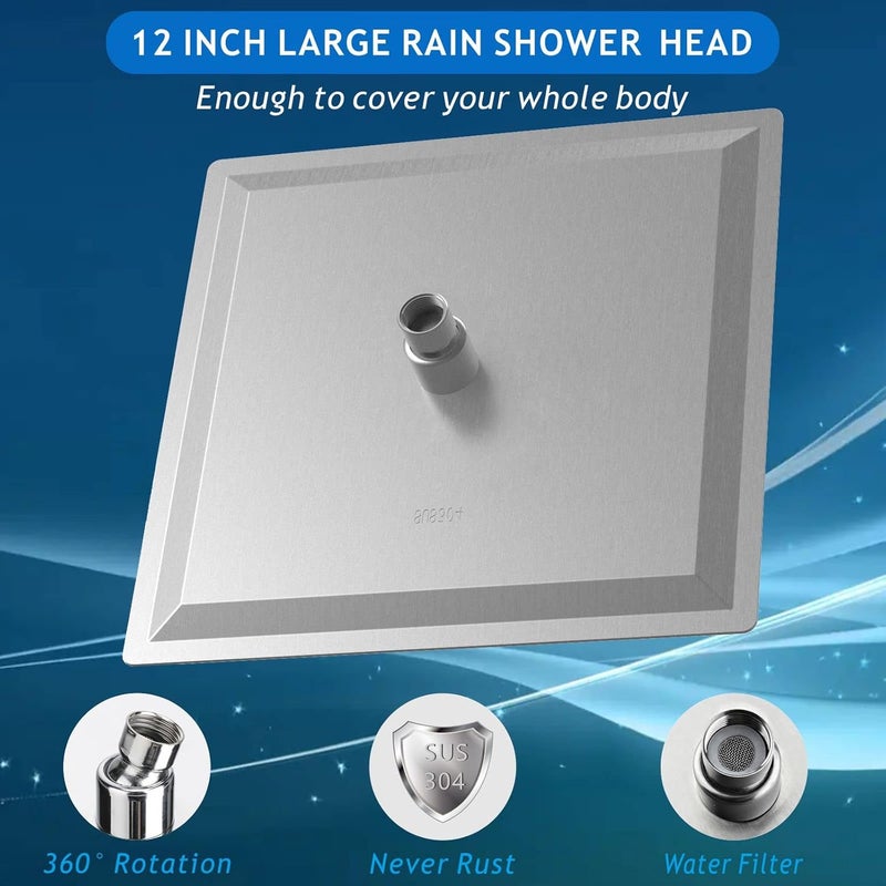 Voolan Rain Shower Head - High Flow Large Rainfall Shower Heads Made of Stainless Steel - Waterfall Bathroom Square Showerhead - Ceiling or Wall Mount (12" Brushed Nickel) - Image 2