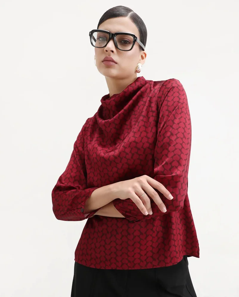 Rareism Women's Printed Cowl High Neck Top
