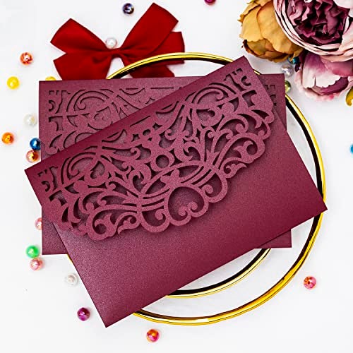Builcker 20 pcs Laser Cut Wedding Invitations Cards Pockets With Envelope Seal Floral Design for Wedding Party Bridal Shower Birthday Quinceañera Invite (Burgundy) - Image 2