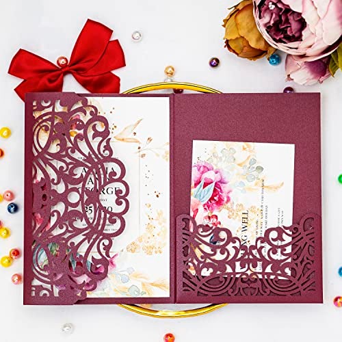 Builcker 20 pcs Laser Cut Wedding Invitations Cards Pockets With Envelope Seal Floral Design for Wedding Party Bridal Shower Birthday Quinceañera Invite (Burgundy) - Image 4