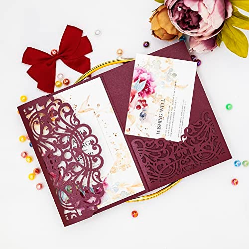 Builcker 20 pcs Laser Cut Wedding Invitations Cards Pockets With Envelope Seal Floral Design for Wedding Party Bridal Shower Birthday Quinceañera Invite (Burgundy) - Image 5