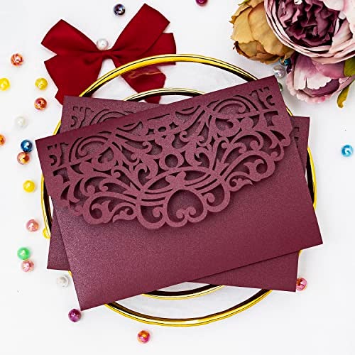 Builcker 20 pcs Laser Cut Wedding Invitations Cards Pockets With Envelope Seal Floral Design for Wedding Party Bridal Shower Birthday Quinceañera Invite (Burgundy) - Image 1