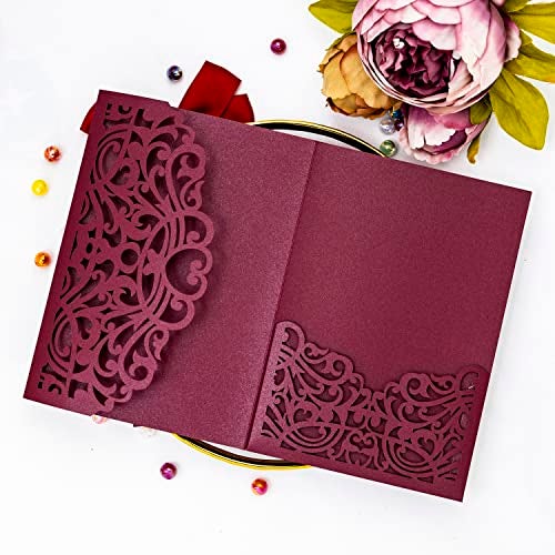 Builcker 20 pcs Laser Cut Wedding Invitations Cards Pockets With Envelope Seal Floral Design for Wedding Party Bridal Shower Birthday Quinceañera Invite (Burgundy) - Image 3
