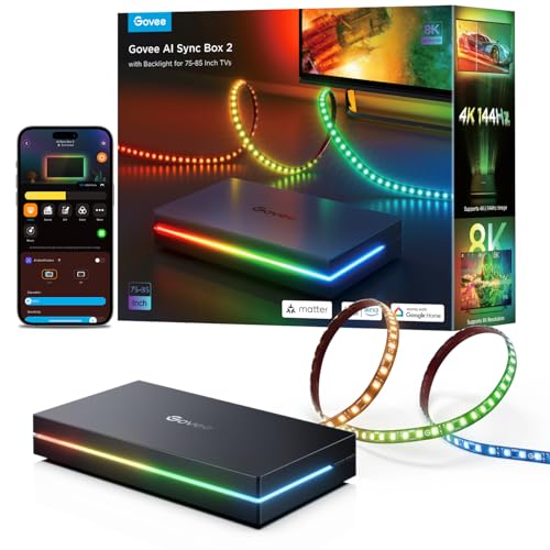Govee HDMI 2.1 Sync Box 2, AI Sync Box with TV Backlight, Supports 8K@60Hz, 4K@144Hz, VRR and ALLM, Works with Matter and Alexa, RGBIC LED Light Strip for 75-85 inch TVs, 75 LEDs/m - Image 1
