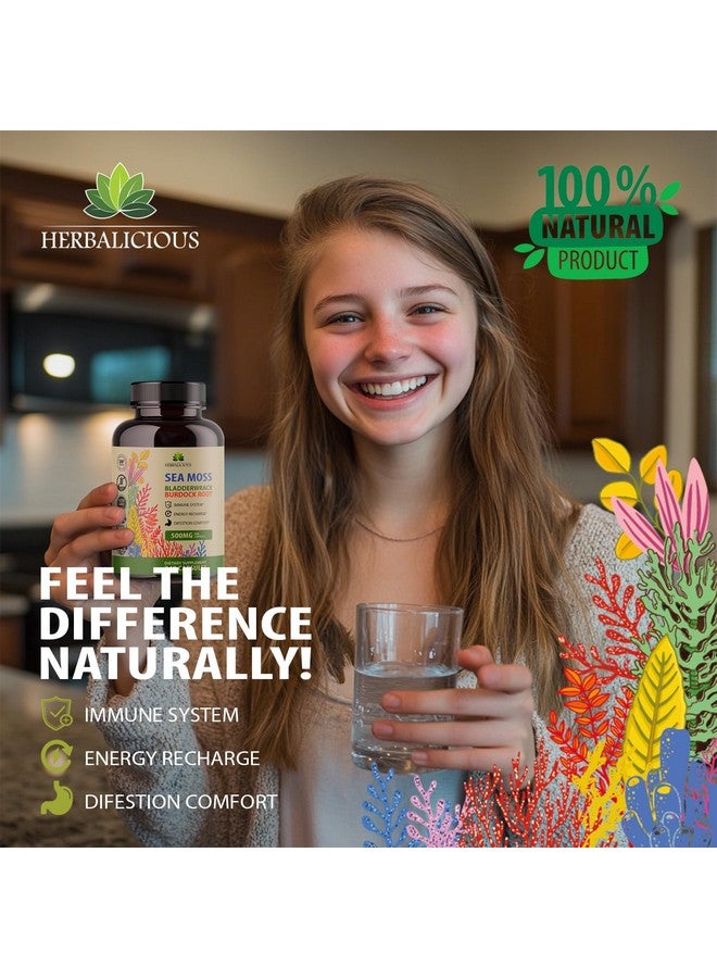 HERBALICIOUS Sea Moss Capsules - Irish Sea Moss Pills with Bladderwrack & Burdock Root - 240 Capsules, 1000mg per Serving - Immune Support, Thyroid & Gut Health - Vegan Superfood Supplement
