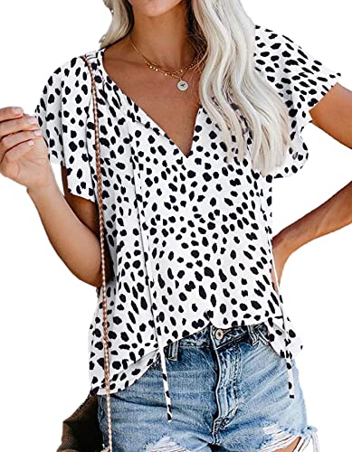 SimpleFun Business Casual Tops for Women，Drawstring V Neck Leopard Blouse Work Shirts (Black White,L) - Image 1