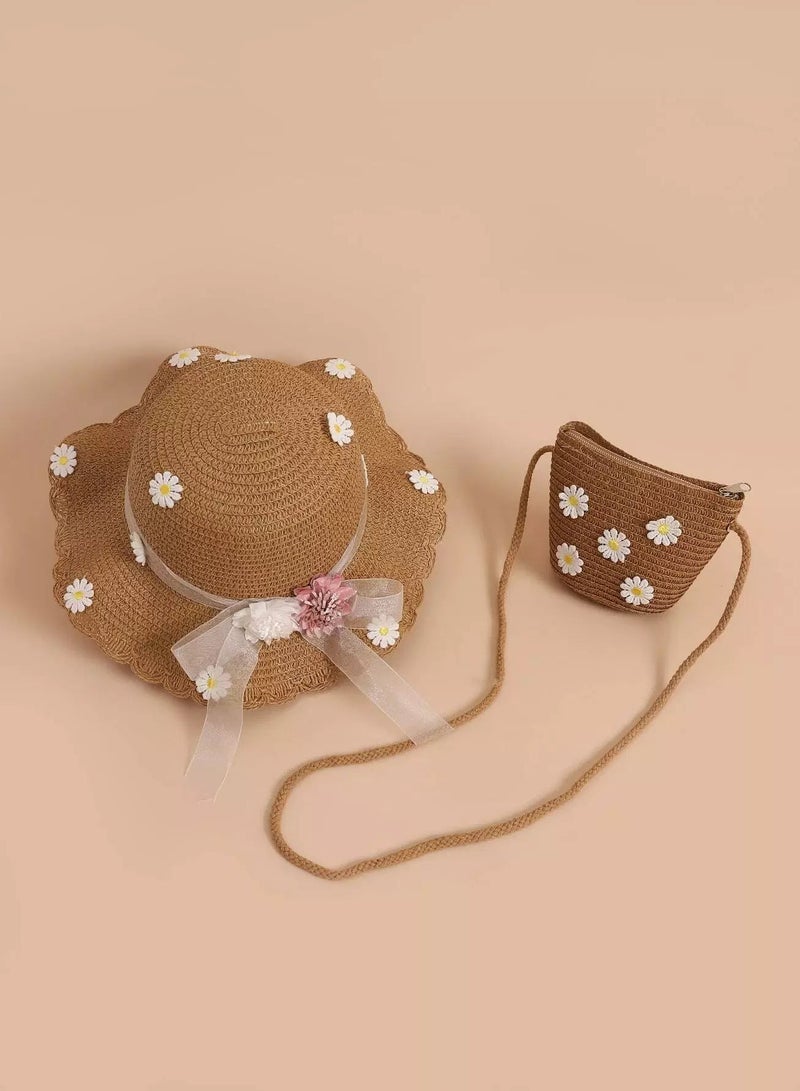 Toddler Girls Flower Decor Straw Hat & Bag - Image 1