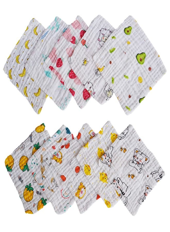 MOMISY 6 Layers Dry Muslin Wash Cloth Organic Cotton Face Towel Handkerchief for Baby New Born/Infants/Toddlers -Printed, Pack of 10, Multicolor - Image 1