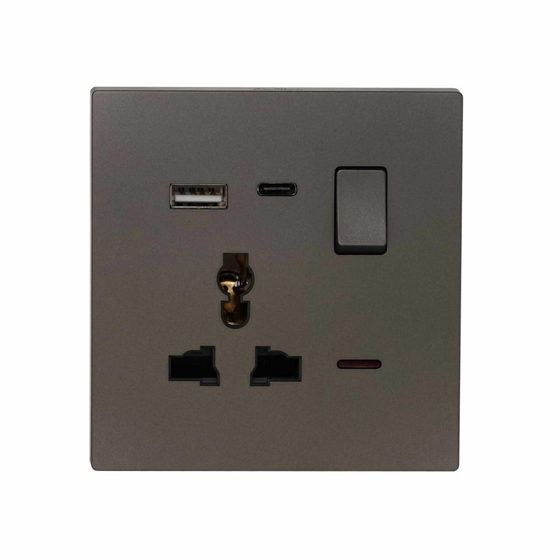 Donmarco مأخذ MF فردي فائق النحافة 13A مع منافذ USB و Type-C (5V 3.1A) – مأخذ كهربائي مقاوم للحريق، ضمان 3 سنوات، تصميم بلاستيكي أنيق (رمادي مطفي) | مأخذ حائط 13A - Image 1