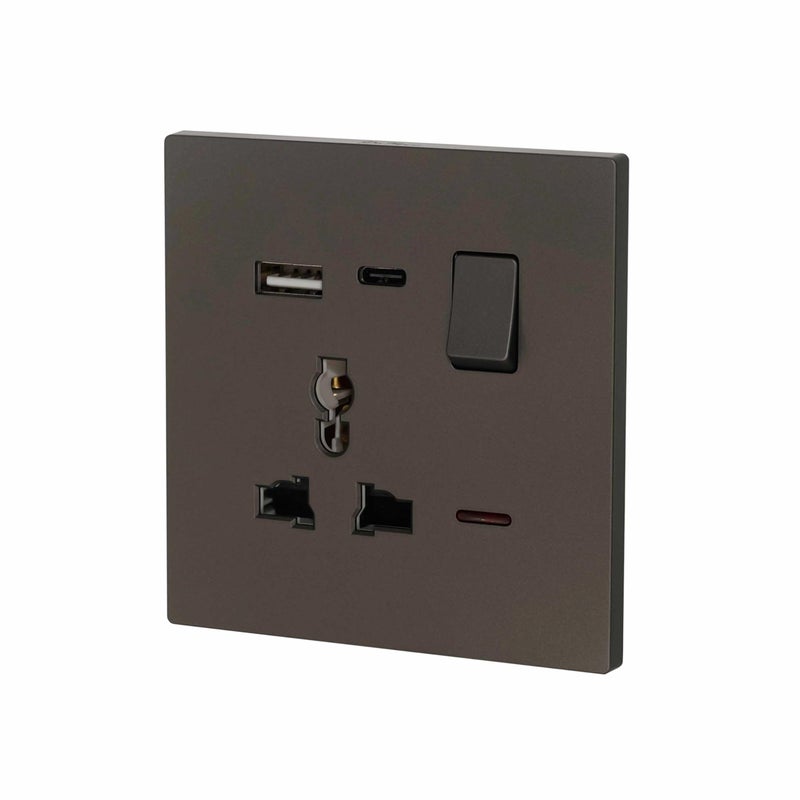 Donmarco مأخذ MF فردي فائق النحافة 13A مع منافذ USB و Type-C (5V 3.1A) – مأخذ كهربائي مقاوم للحريق، ضمان 3 سنوات، تصميم بلاستيكي أنيق (رمادي مطفي) | مأخذ حائط 13A - Image 2