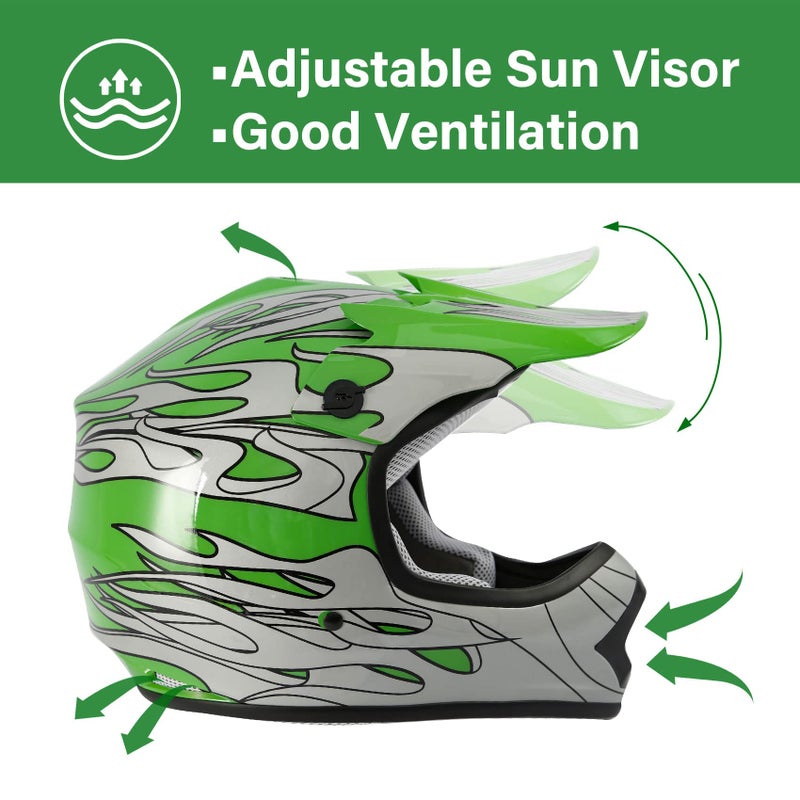 XFMT Kids Dirt Bike Helmet Youth Motorcycle Helmet DOT-Certified Full Face Helmets for Motocross ATV Off-Road Street Bike with Goggles & Gloves, Green Flame Small - Image 2