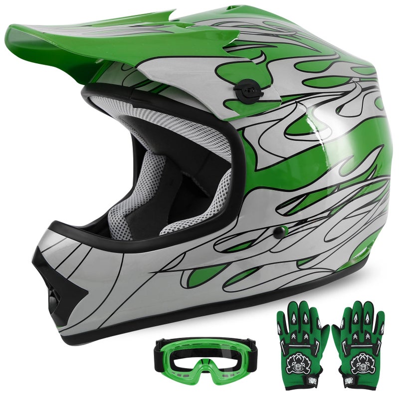 XFMT Kids Dirt Bike Helmet Youth Motorcycle Helmet DOT-Certified Full Face Helmets for Motocross ATV Off-Road Street Bike with Goggles & Gloves, Green Flame Small - Image 1
