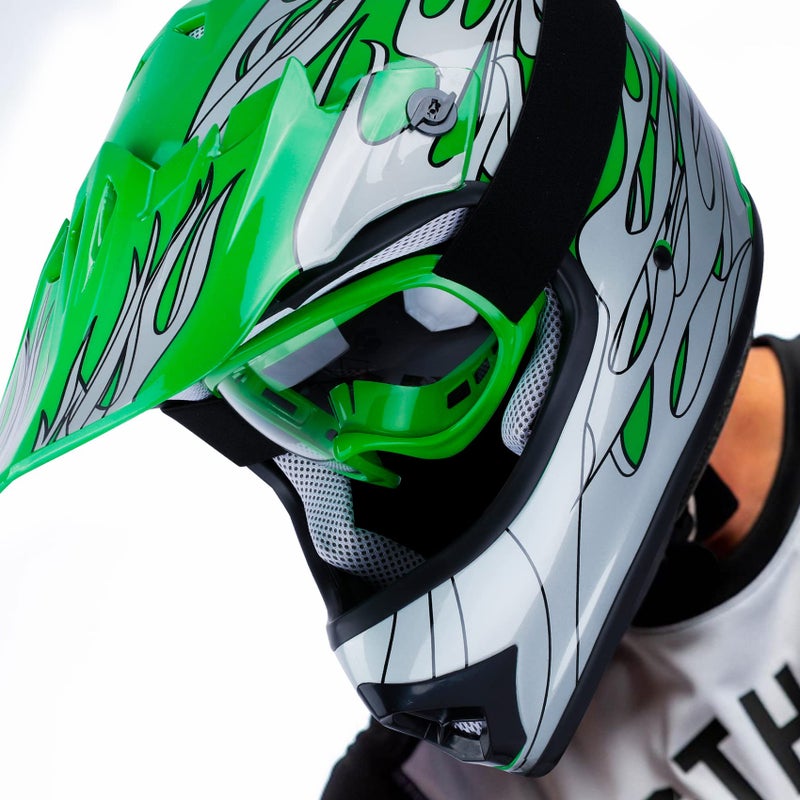 XFMT Kids Dirt Bike Helmet Youth Motorcycle Helmet DOT-Certified Full Face Helmets for Motocross ATV Off-Road Street Bike with Goggles & Gloves, Green Flame Small - Image 5