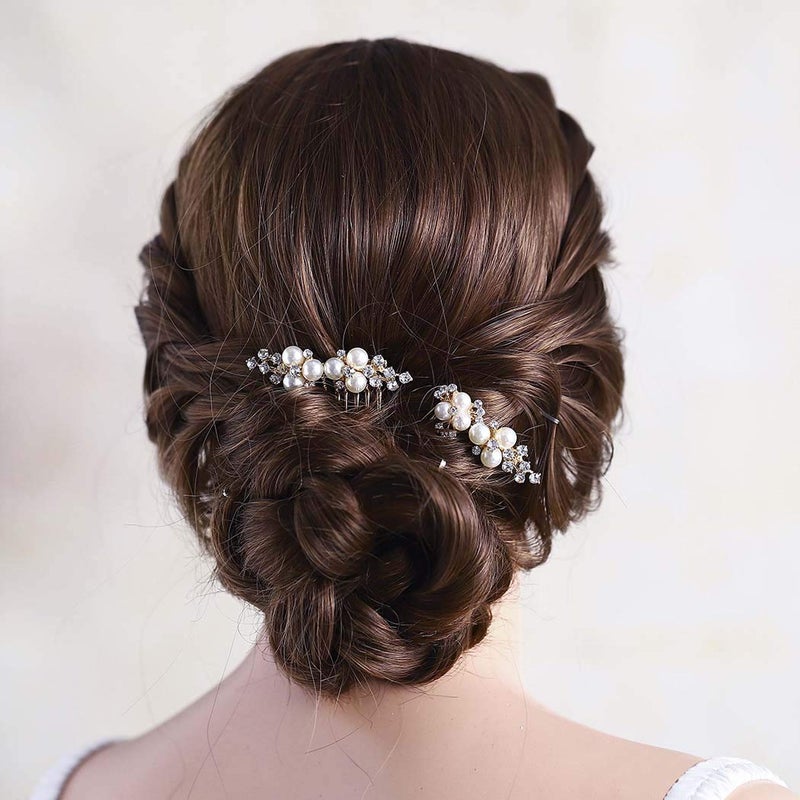 Asooll Gold Wedding Pearl Hair Comb Bride Crystal Hairpiece Bridal Rhinestone Hair Clip Hair Accessories for Women (Set of 2) (A-Gold) - Image 4