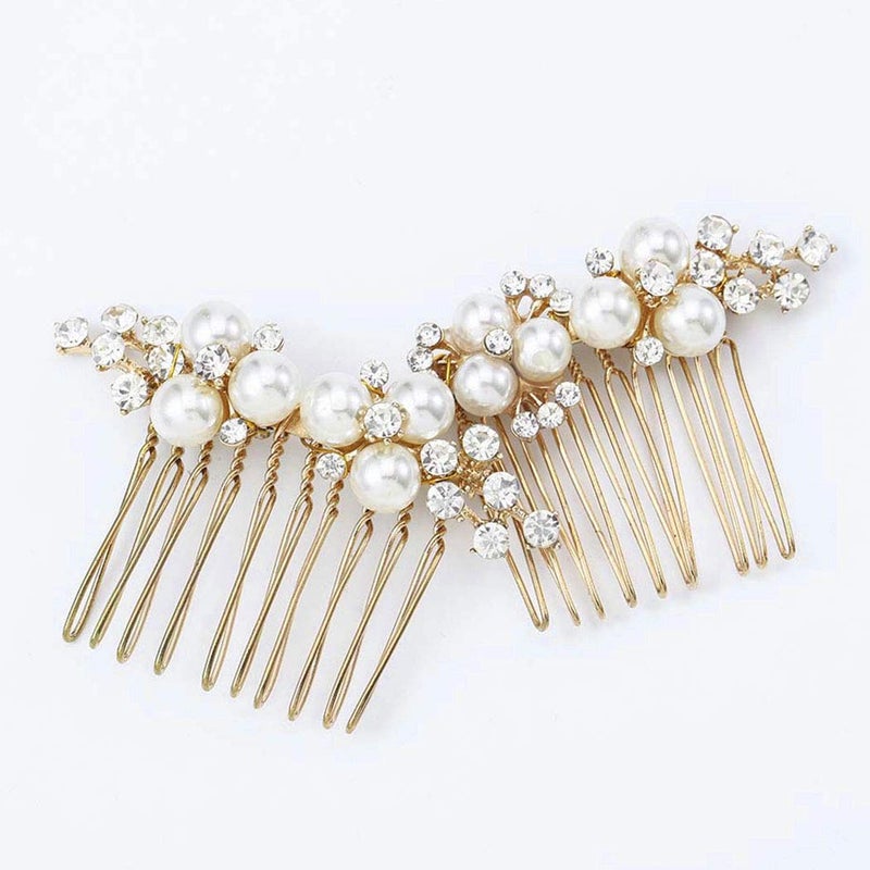 Asooll Gold Wedding Pearl Hair Comb Bride Crystal Hairpiece Bridal Rhinestone Hair Clip Hair Accessories for Women (Set of 2) (A-Gold) - Image 1