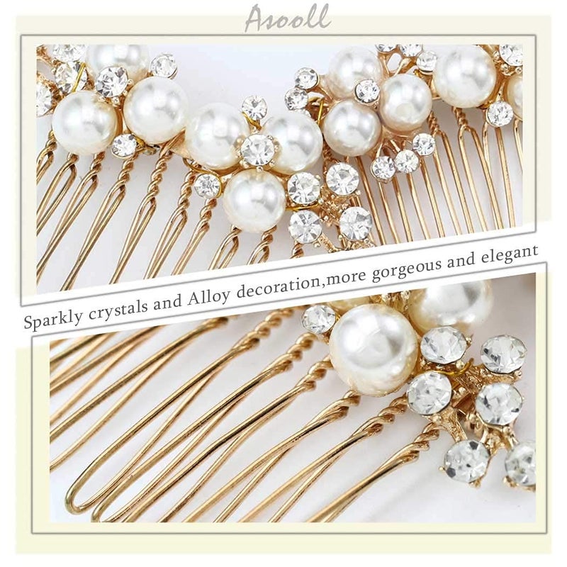 Asooll Gold Wedding Pearl Hair Comb Bride Crystal Hairpiece Bridal Rhinestone Hair Clip Hair Accessories for Women (Set of 2) (A-Gold) - Image 5