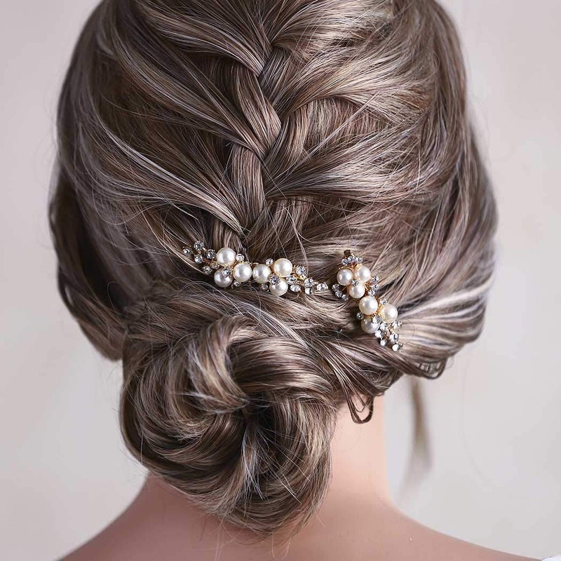 Asooll Gold Wedding Pearl Hair Comb Bride Crystal Hairpiece Bridal Rhinestone Hair Clip Hair Accessories for Women (Set of 2) (A-Gold) - Image 2