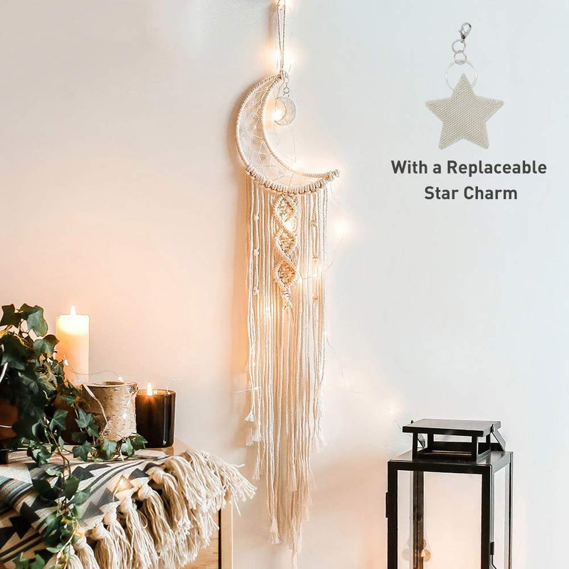 Boho Macrame Woven Wall Hanging Crochet Crescent Moon Star Dream Catcher with Long Tassel White Cotton Handmade Bohemian Nursery Decor Decoration Art Craft for Kids Bedroom Dorm Room