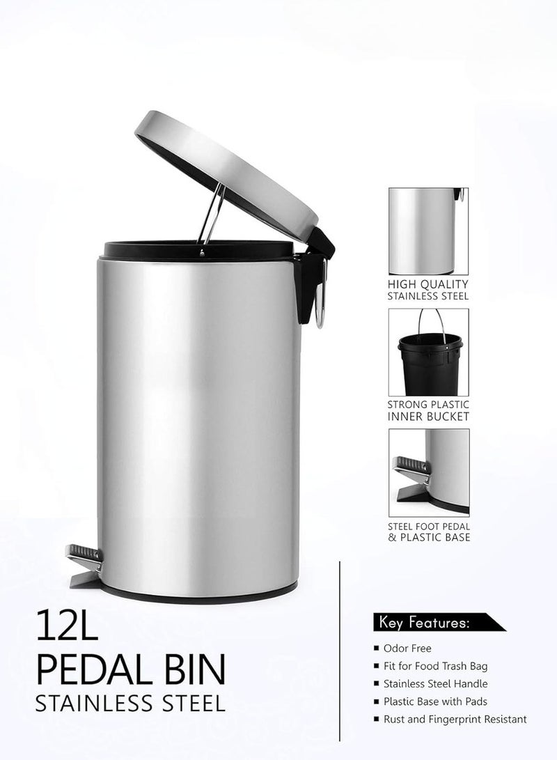 ON MART Stainless Steel  12 Liter Pedal Bin, Small 12 Liter Trash Can Pedal Bin, Home Garbage Can Bathroom Dustbin, Office Recycle Bin, Round Shape, Color: Silver  - Image 1