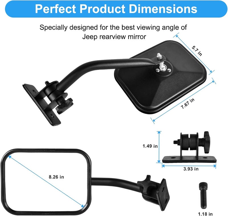 Nifeida Quick Release Rectangular Mirrors for Jeep Wrangler TJ JK JKU 1996-2018 - Textured Black - Image 4