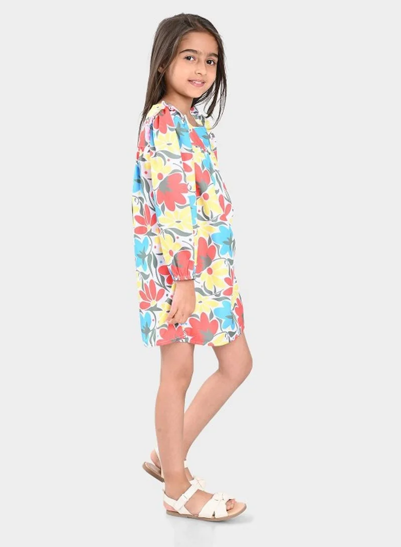 Bonkids Regular Fit Printed White And And And Multicolour Cotton Dresses For Girls Round Neck Flat Collar Pull On 100 % Cotton