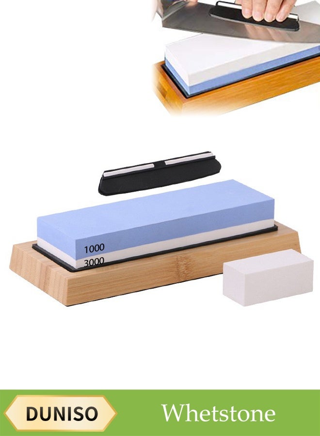 Household Sharpening Stone，1000/6000 Waterstone，White Corundum Double-sided Sharpening Stone Set, Including Sharpening Stone, Silicone Pad, Bamboo Base, Knife Clip, Correction Stone，Blue and White  - Image 1