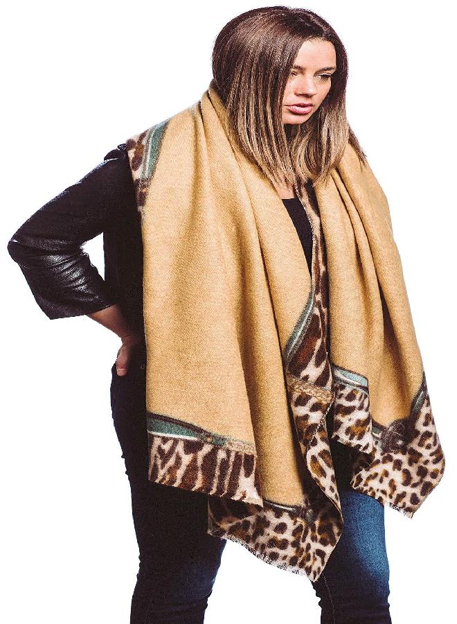 Stephanie Imports Cashmere & Rayon Wrap Shawl for Women Winter Extra Large (68" X 29") Pashmina Scarf (Caramel Leopard With Leopard Belt Design) - Image 1