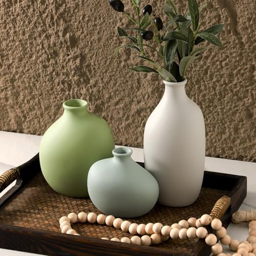 Enra Ceramic Vase Set of 3, Small Rustic Farmhouse Pottery Vases for Home Decor, Perfect for Pampas Grass, Ideal for Living Room, Bedroom, Kitchen, Bathroom, Bookshelf, Table Centerpiece. - Image 5