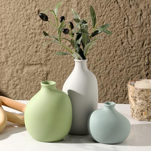 Enra Ceramic Vase Set of 3, Small Rustic Farmhouse Pottery Vases for Home Decor, Perfect for Pampas Grass, Ideal for Living Room, Bedroom, Kitchen, Bathroom, Bookshelf, Table Centerpiece. - Image 3