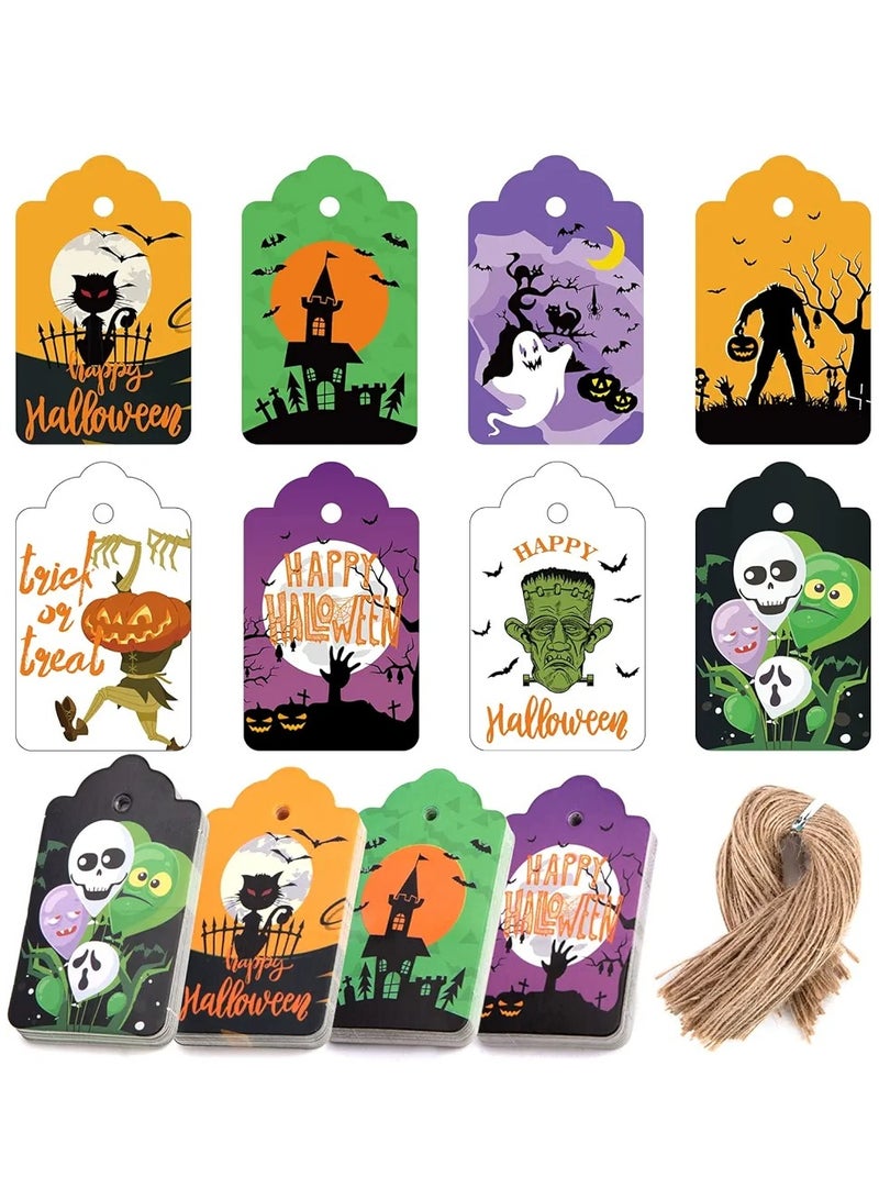 بطاقات هدايا  مكونة من 120 قطعة، بطاقات ورقية لعيد الهالوين، بطاقات بموضوع الهالوين بكميات كبيرة مع خيوط للزينة المعلقة، حقيبة حلوى لحفلات الهالوين - Image 1