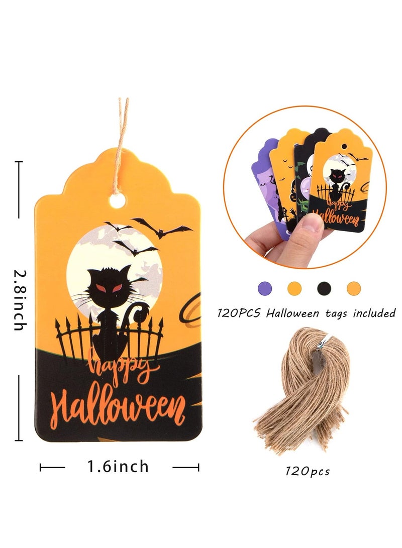 بطاقات هدايا  مكونة من 120 قطعة، بطاقات ورقية لعيد الهالوين، بطاقات بموضوع الهالوين بكميات كبيرة مع خيوط للزينة المعلقة، حقيبة حلوى لحفلات الهالوين - Image 2