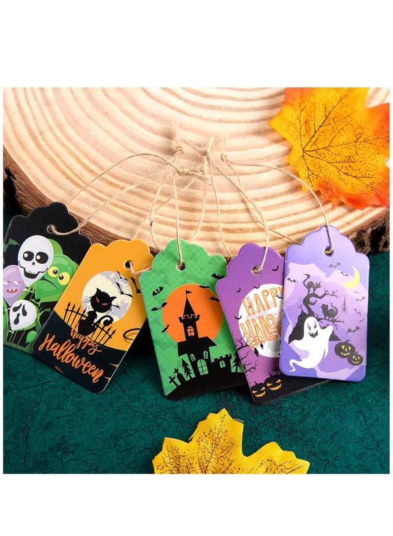 بطاقات هدايا  مكونة من 120 قطعة، بطاقات ورقية لعيد الهالوين، بطاقات بموضوع الهالوين بكميات كبيرة مع خيوط للزينة المعلقة، حقيبة حلوى لحفلات الهالوين - Image 4