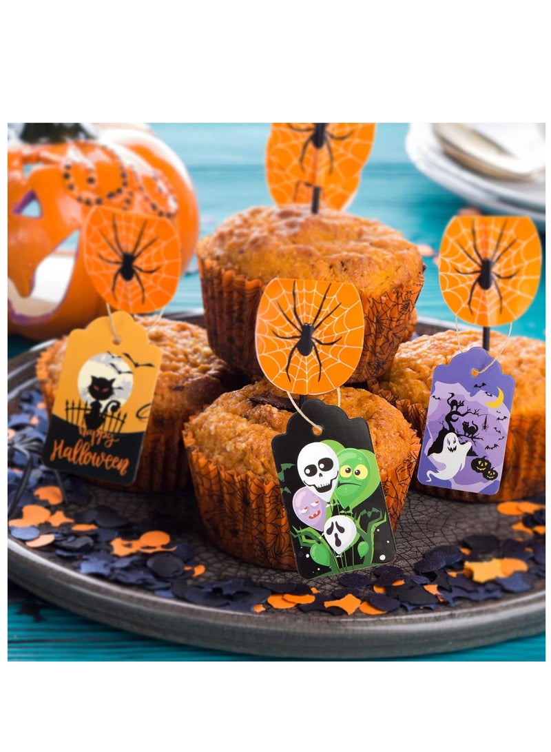 بطاقات هدايا  مكونة من 120 قطعة، بطاقات ورقية لعيد الهالوين، بطاقات بموضوع الهالوين بكميات كبيرة مع خيوط للزينة المعلقة، حقيبة حلوى لحفلات الهالوين - Image 5