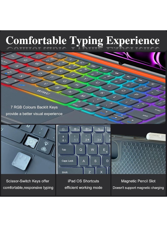 IPad Pro 13 inch Keyboard Case M4/2024/2025 Magnetic Detachable 3 in 1 Bluetooth Case Keyboard Adjustable Stand 7 Colors Backlit Keys with Touchpad (Grey, iPad Pro 13"(M4/2024/2025) - Image 5