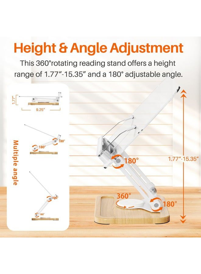 BYMECOST Book Stand for Reading, 360°Rotating Book Holder with Pen Slot,Adjustable Height and Angle,Elastic Clips for Cookbook Stand,Foldable Desktop Riser for Laptop,Tablet,Recipe,Magazine (Acrylic Natural) - Image 4