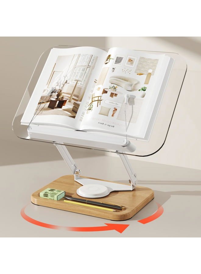 BYMECOST Book Stand for Reading, 360°Rotating Book Holder with Pen Slot,Adjustable Height and Angle,Elastic Clips for Cookbook Stand,Foldable Desktop Riser for Laptop,Tablet,Recipe,Magazine (Acrylic Natural) - Image 1
