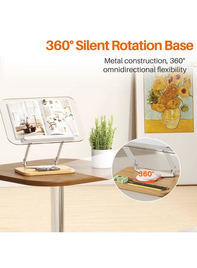 BYMECOST Book Stand for Reading, 360°Rotating Book Holder with Pen Slot,Adjustable Height and Angle,Elastic Clips for Cookbook Stand,Foldable Desktop Riser for Laptop,Tablet,Recipe,Magazine (Acrylic Natural) - Image 5