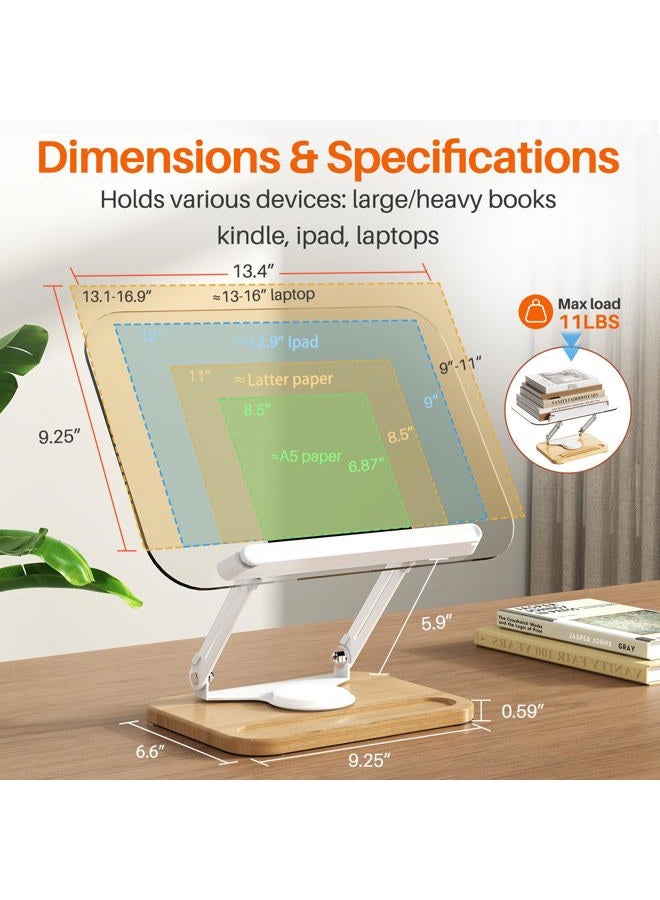 BYMECOST Book Stand for Reading, 360°Rotating Book Holder with Pen Slot,Adjustable Height and Angle,Elastic Clips for Cookbook Stand,Foldable Desktop Riser for Laptop,Tablet,Recipe,Magazine (Acrylic Natural) - Image 2
