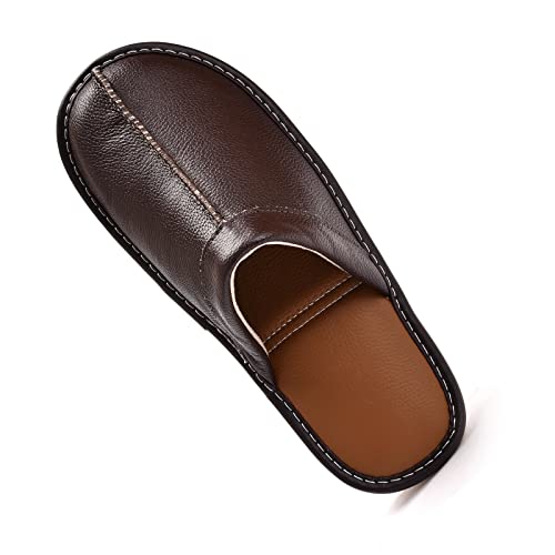 JOOFAN Men’s Genuine Cowhide Leather Slippers, Breathable Leather Soft Smooth Sole Bedroom Flat Shoes House Slippers Indoor Outdoor (DarkBrown, 10-11, Adult, Men, 10, Numeric, US Footwear Size System, Medium) - Image 1