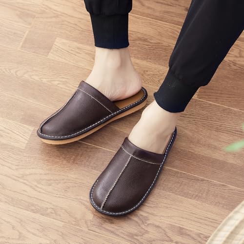 JOOFAN Men’s Genuine Cowhide Leather Slippers, Breathable Leather Soft Smooth Sole Bedroom Flat Shoes House Slippers Indoor Outdoor (DarkBrown, 10-11, Adult, Men, 10, Numeric, US Footwear Size System, Medium) - Image 2