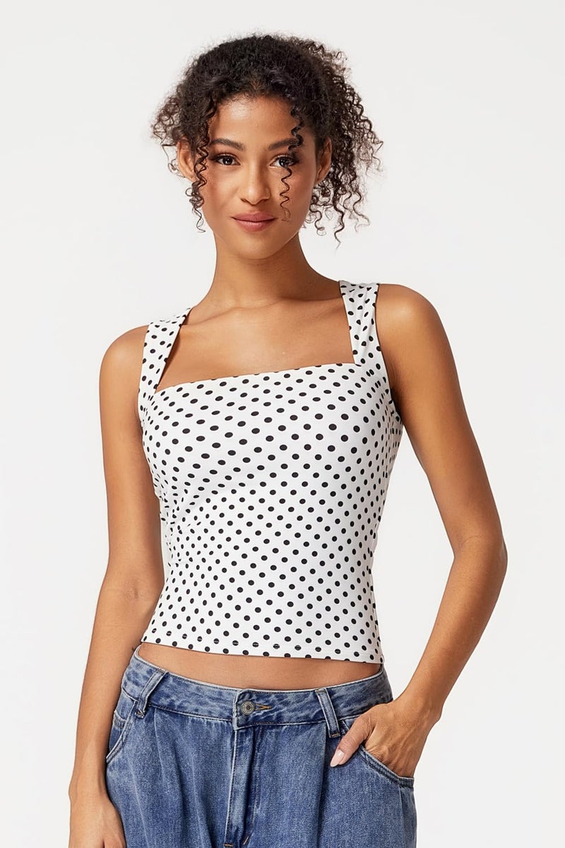 QINSEN Women's Summer Tank Tops Square Neck Sleeveless Slim Fitted Going Out Shirts White Polka Dots S - Image 2