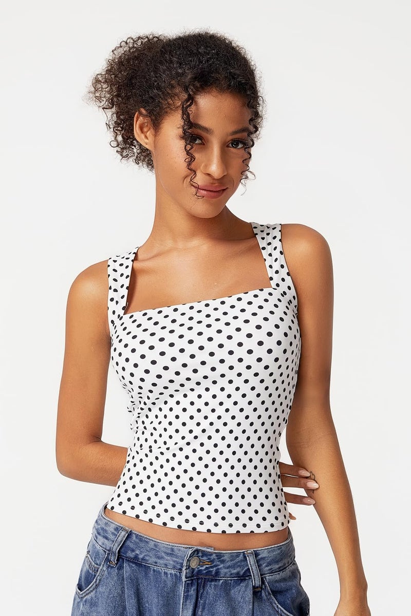 QINSEN Women's Summer Tank Tops Square Neck Sleeveless Slim Fitted Going Out Shirts White Polka Dots S - Image 3