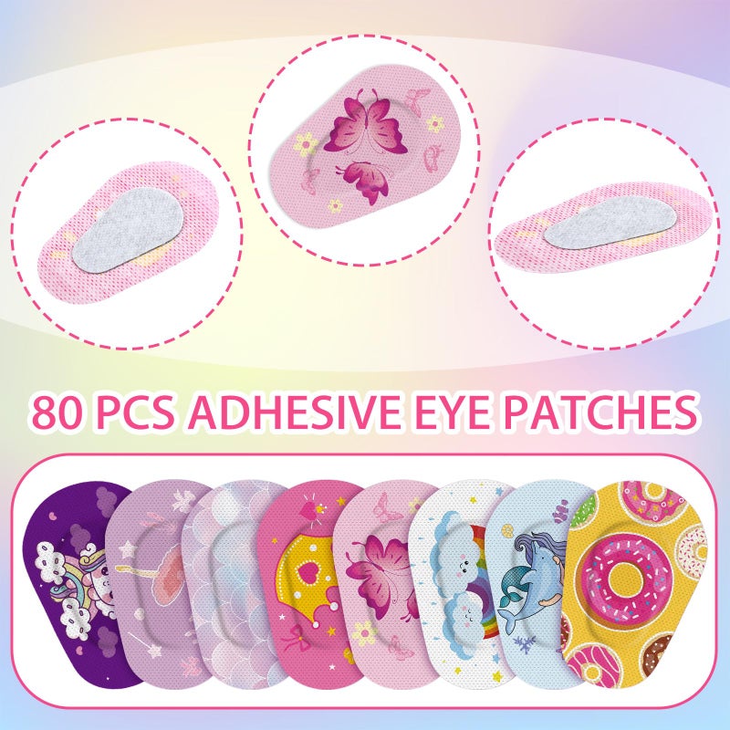 Siifert Adhesive Eye Patches for Kids Girl Eye Patches Cute Latex Free Adhesive Bandages for Amblyopia Disposable Eye Pad Lazy Eye Light Blocking Children Toddler Right Eye, 8 Styles(80 Pcs)