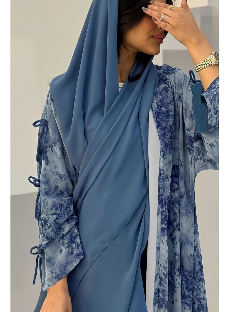 Chiffon Printed Open-Front Abaya with Matching Headscarf - Image 3