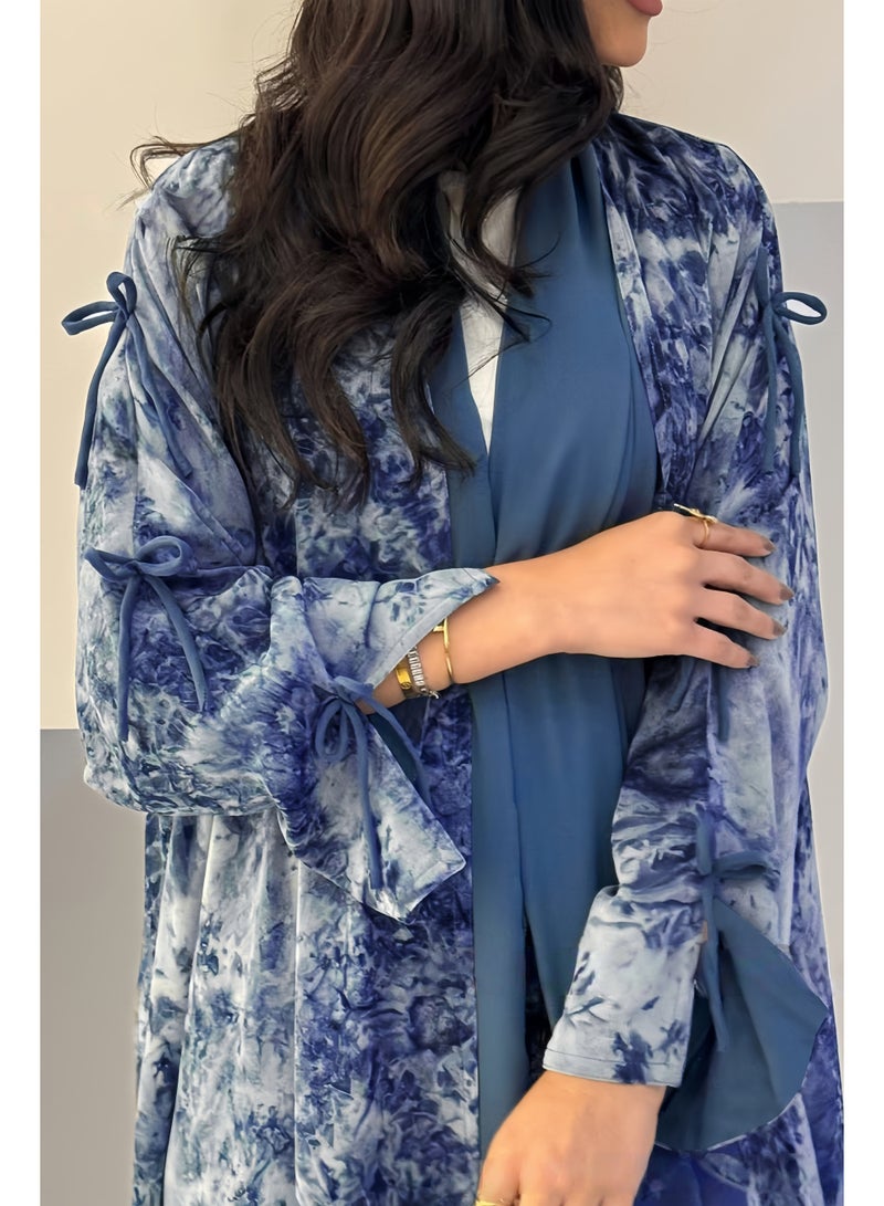 Chiffon Printed Open-Front Abaya with Matching Headscarf - Image 2