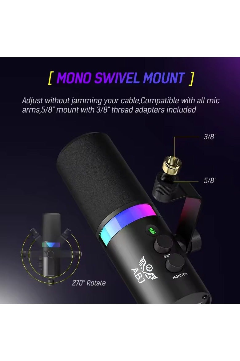 ABJ XLR/USB-C Dynamic Podcast Microphone – PC Computer Gaming Streaming Mic with RGB Light, Mute Button, Headphone Jack – Dual Stand Set: Boom Arm & Table Stand Included – For Recording, Vocal, Voice-Over - Image 2