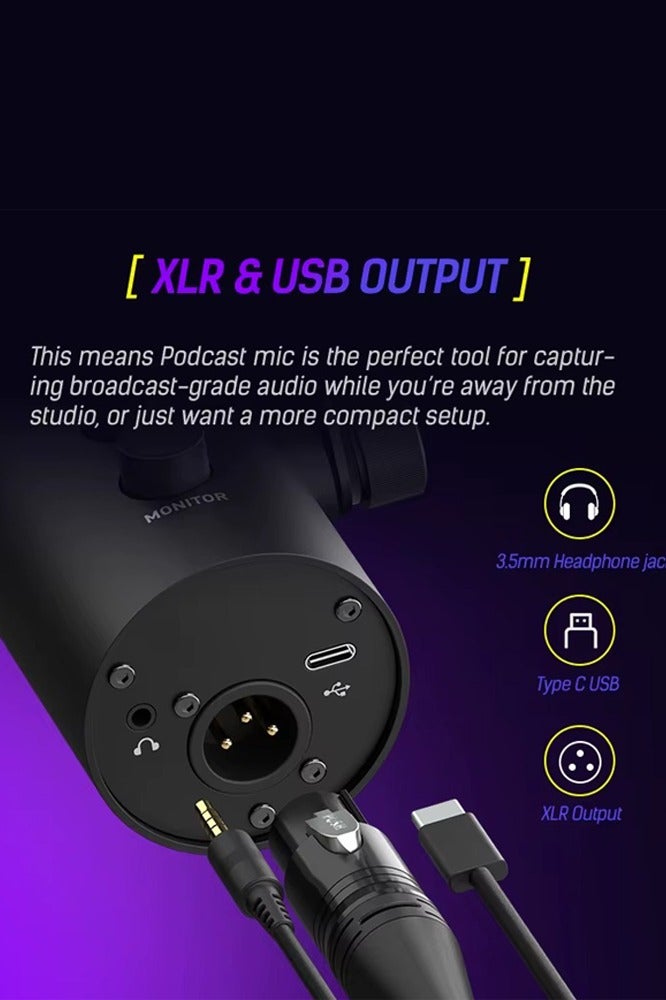 ABJ XLR/USB-C Dynamic Podcast Microphone – PC Computer Gaming Streaming Mic with RGB Light, Mute Button, Headphone Jack – Dual Stand Set: Boom Arm & Table Stand Included – For Recording, Vocal, Voice-Over - Image 4